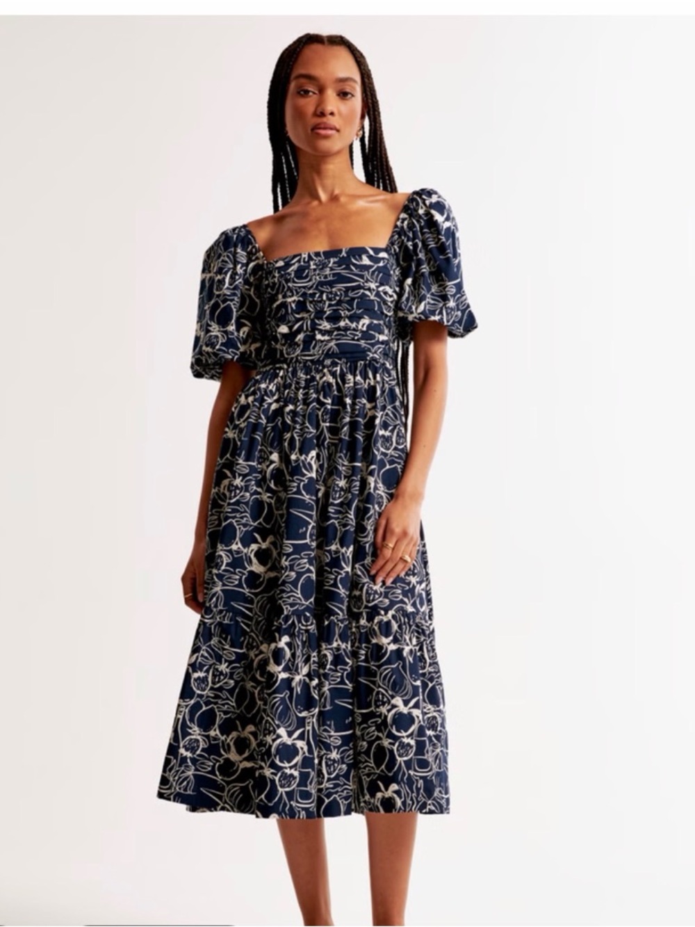 Abercrombie & Fitch Navy Floral Square-Neck Puff-Sleeve Midi Dress